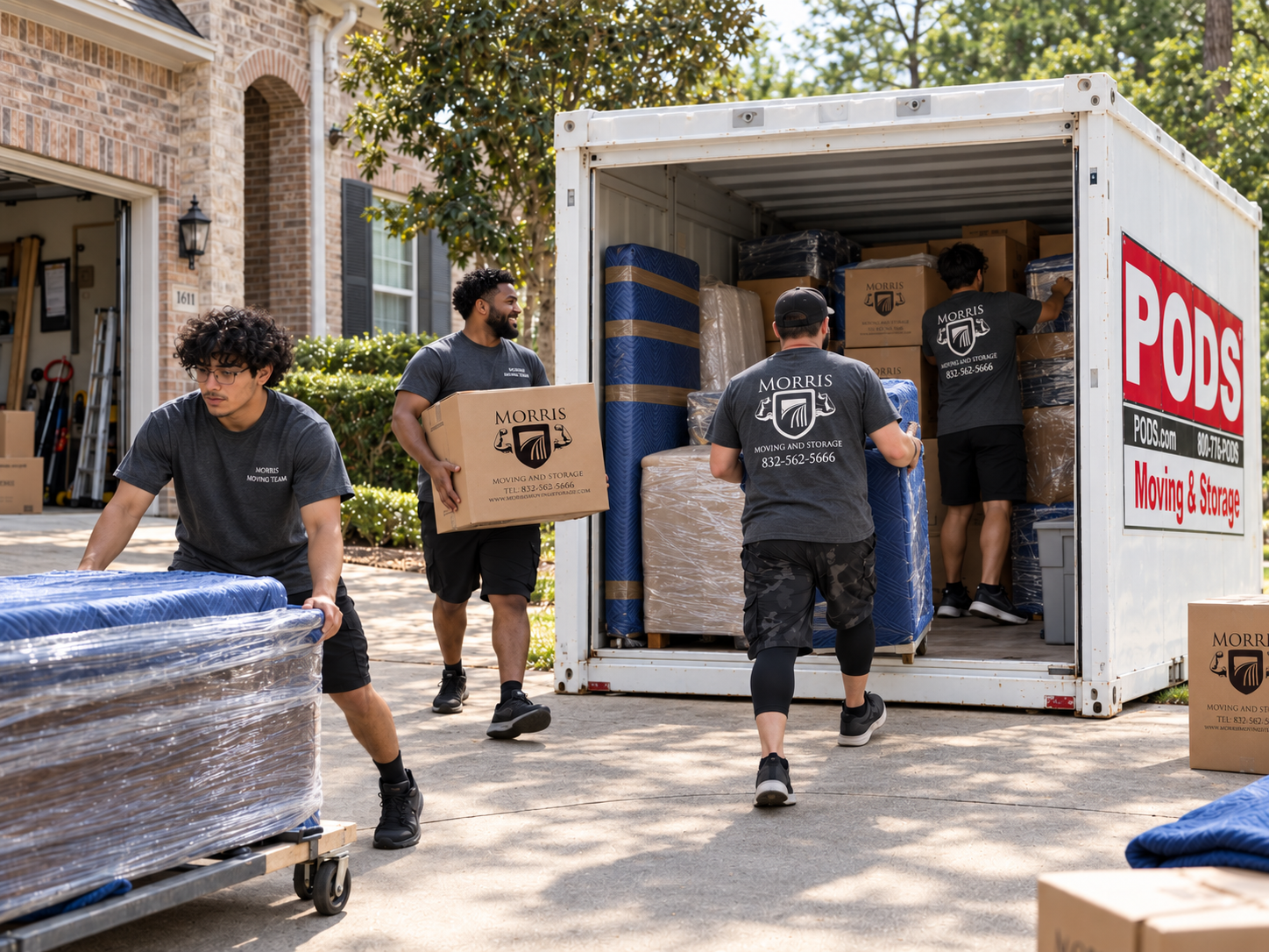 Morris movers placing boxes and furniture inside a moving container