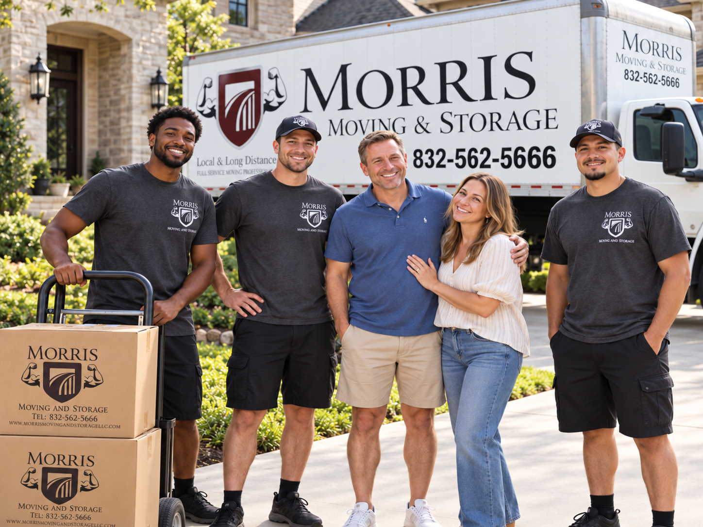 Morris moving team standing beside customers in front of a company truck